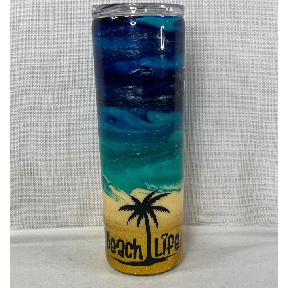 Beach Life Resin Epoxy Skinny Tumbler Blue Gold Glitter Travel Cup 20oz Lid